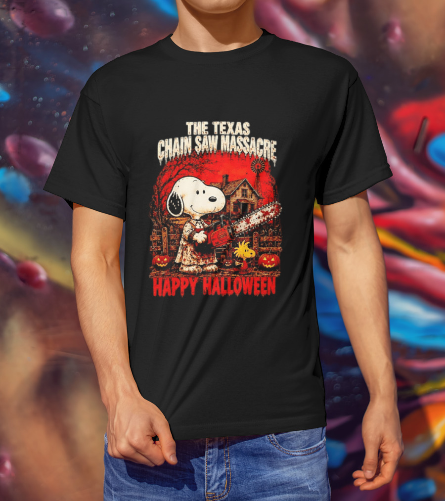 Snoopy Woodstock The Texas Chain Saw Massacre Happy Halloween Scene T-Shirt