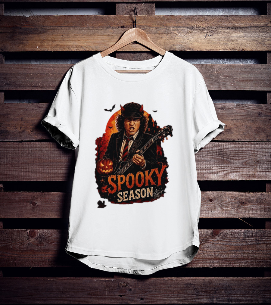 Spooky Season Angus Young Halloween AC DC Inspired Pumpkin Guitar T-Shirt