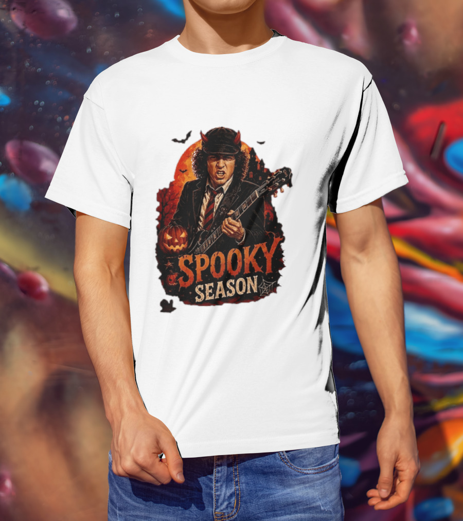 Spooky Season Angus Young Halloween AC DC Inspired Pumpkin Guitar T-Shirt