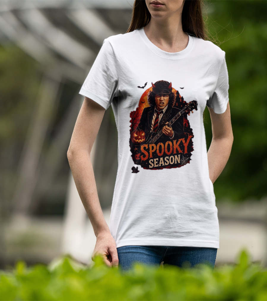 Spooky Season Angus Young Halloween AC DC Inspired Pumpkin Guitar T-Shirt