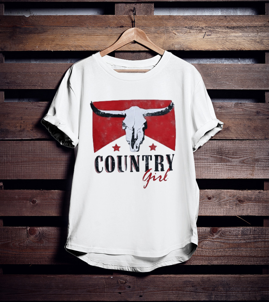 Country Girl Western Bull Skull Red Star Banner T-Shirt