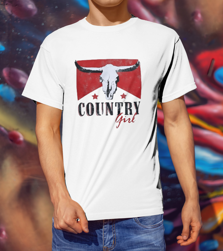 Country Girl Western Bull Skull Red Star Banner T-Shirt