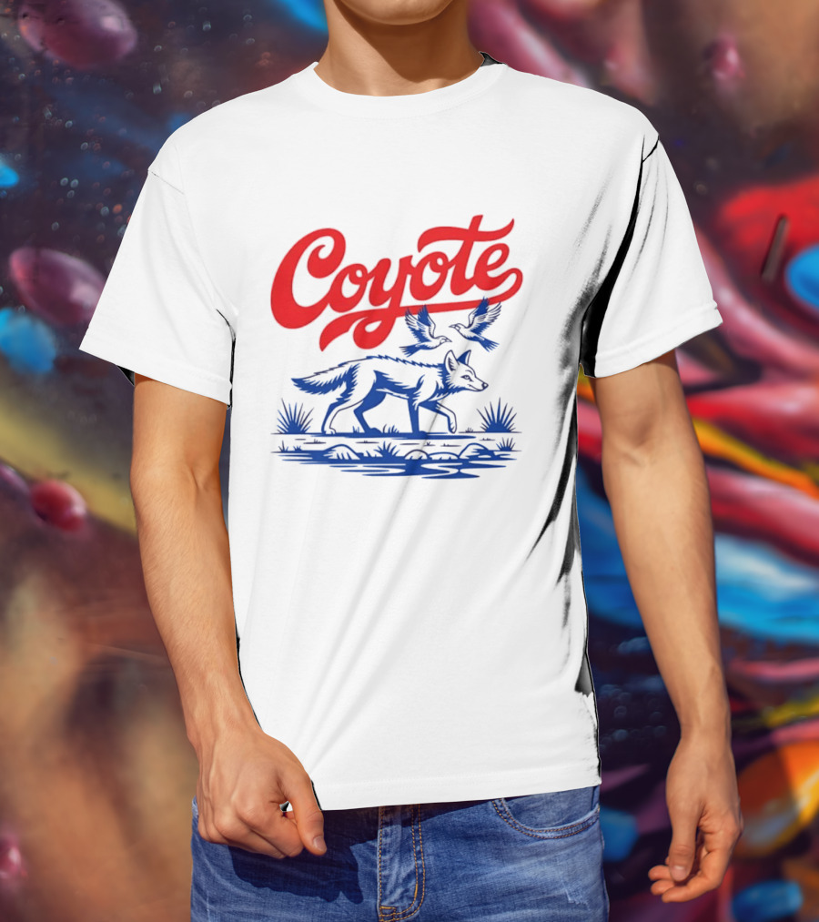 Coyote With Birds In Desert Scene Wild Western Desert T-Shirt