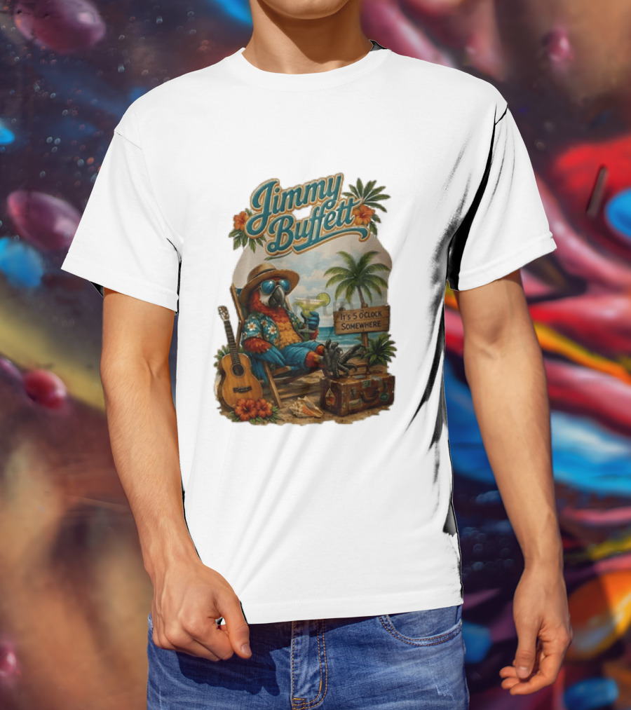 Jimmy Buffett It's 5 O' Somewhere Tropical Parrot Beach Guitar Cocktails Palm Trees T-Shirt