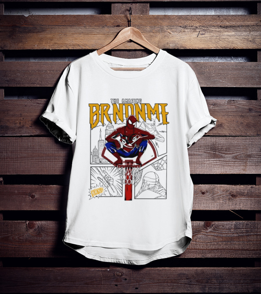 The Amazing Brndnme Spider Man Squatting On Basketball Hoop Cityscape Comic Panels T-Shirt