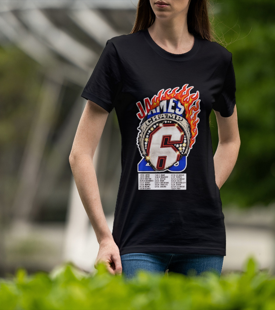 LeBron James Champ 6 Milestone Dates Cleveland Miami Los Angeles 2012 2013 2016 2020 T-Shirt