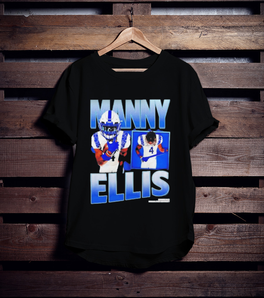 Manny Ellis Indiana State Running Back Football Jersey Number 4 Blue And White T-Shirt