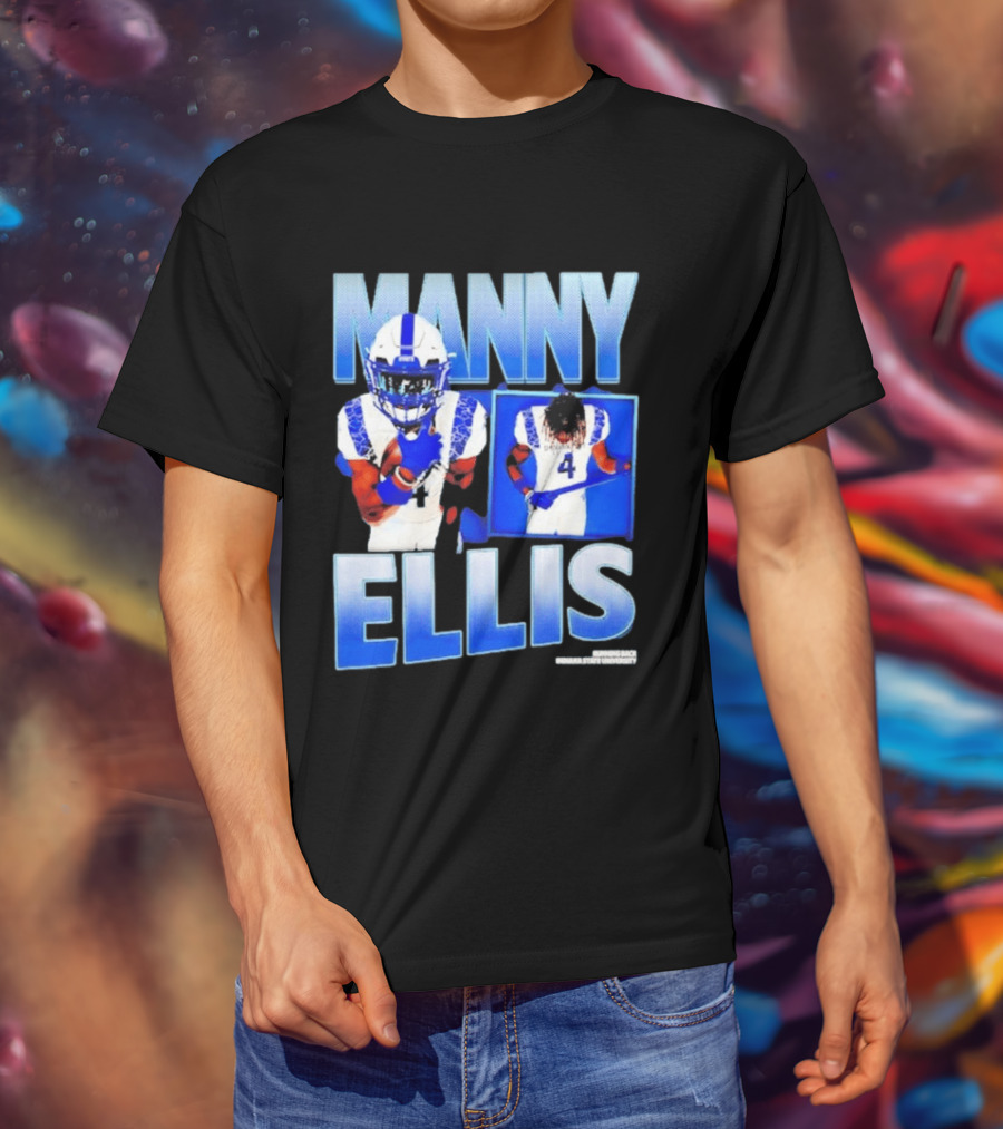 Manny Ellis Indiana State Running Back Football Jersey Number 4 Blue And White T-Shirt