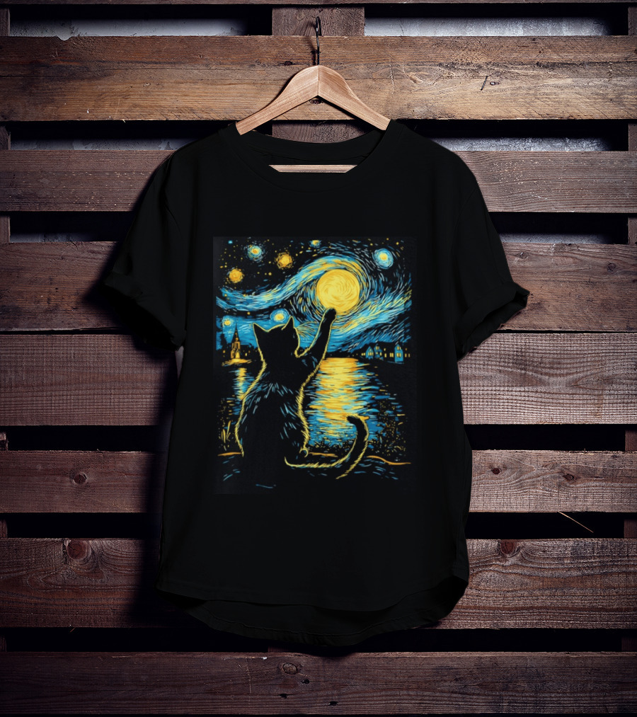 Cat Reaching For The Moon Starry Night Van Gogh Inspired Scene T-Shirt