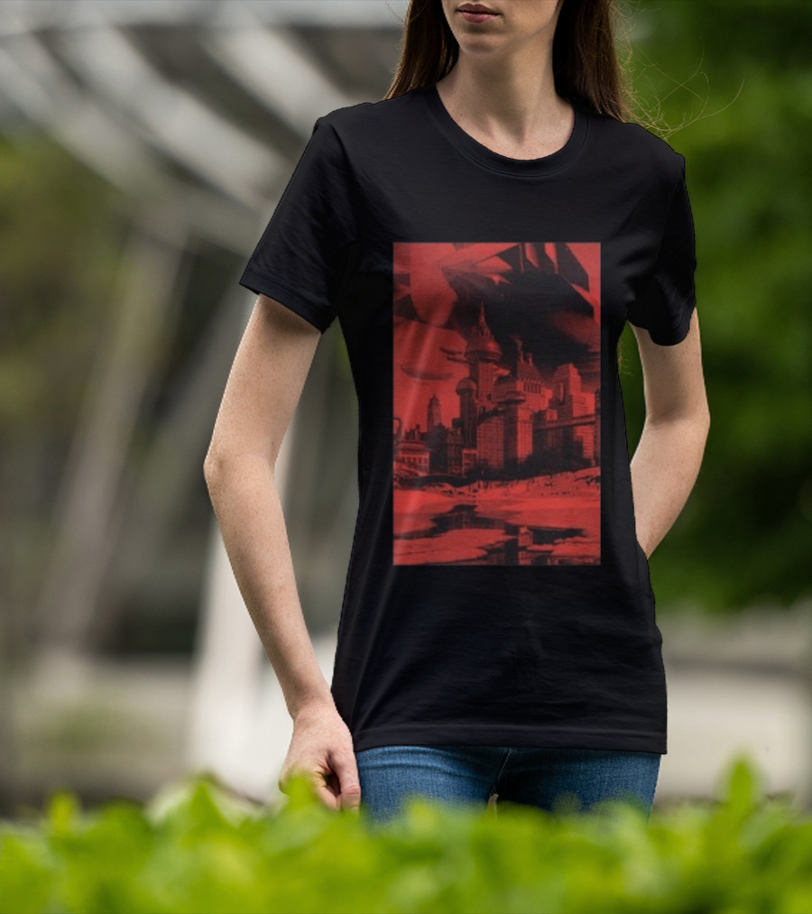 The Barbarians Of California Megatons Pull Retro Futuristic Cityscape Airships T-Shirt