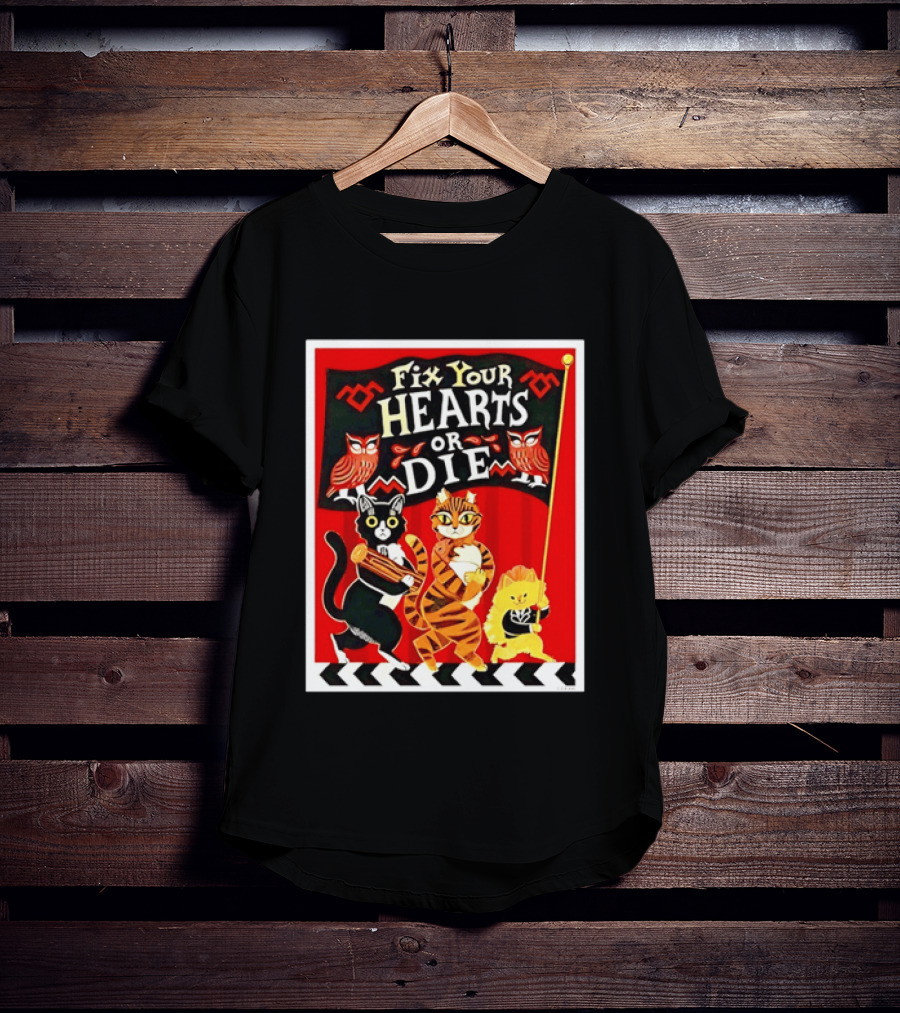 Twin Peaks Cats Fix Your Hearts Or Die David Lynch Owls Red Banner T-Shirt