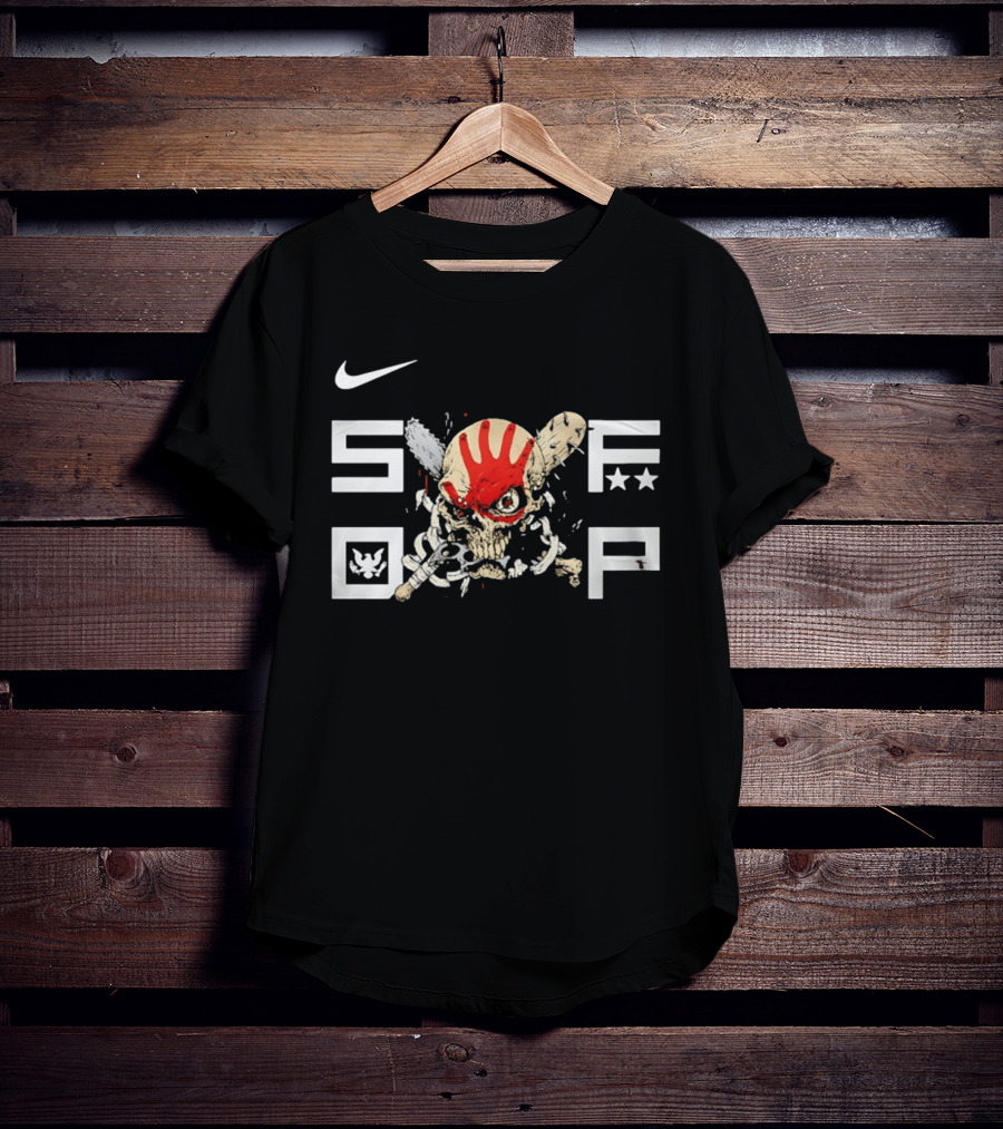 SDFP Skull Chains Brass Knuckles Design With Nike Logo And Red Handprint T-Shirt