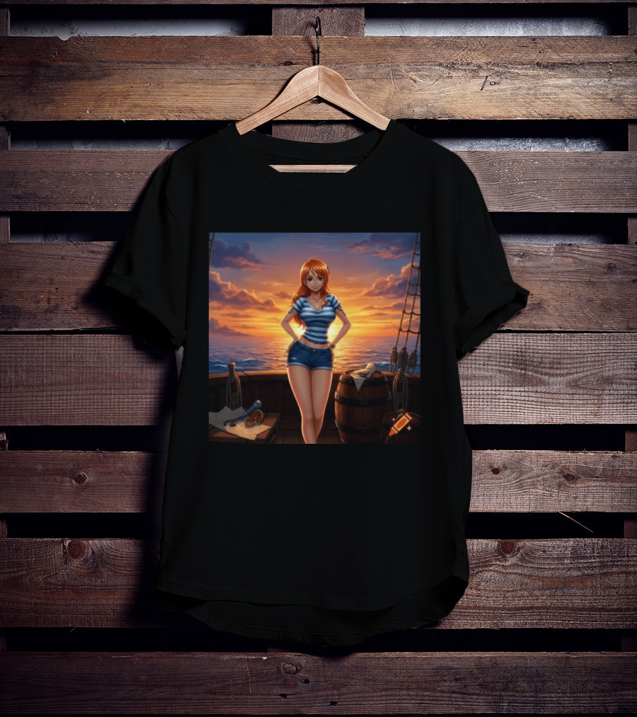 Nami One Piece Joyful Sunset Pirate Ship Ocean Scene T-Shirt
