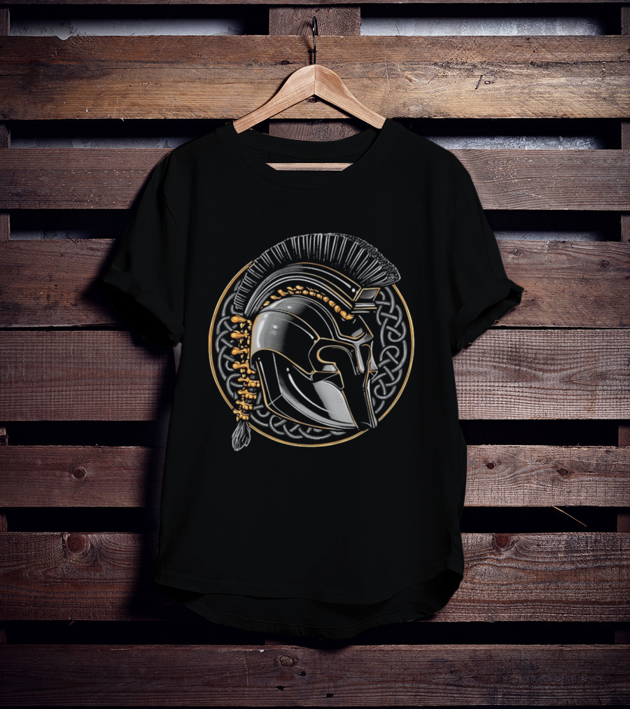 Spartan Helmet Celtic Knot Motif With Braided Spinal Column T-Shirt