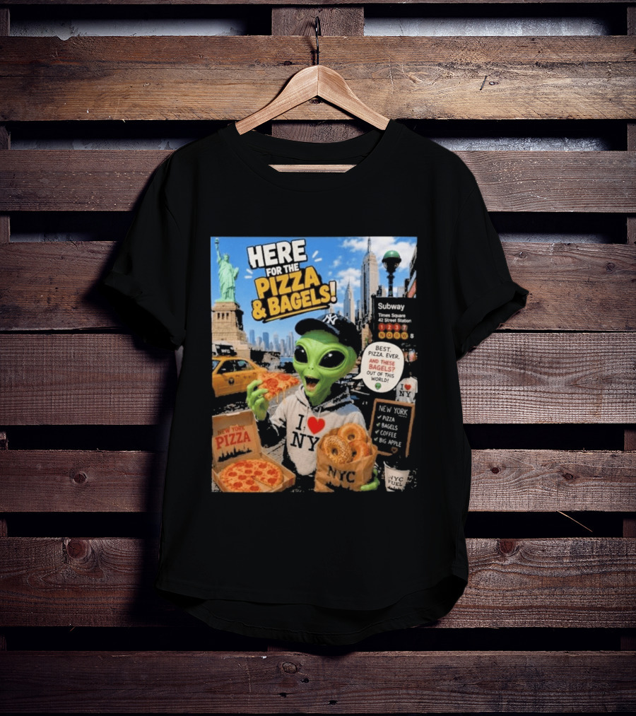NYC Alien Loves Pizza And Bagels With Statue Of Liberty And Times Square Subway T-Shirt