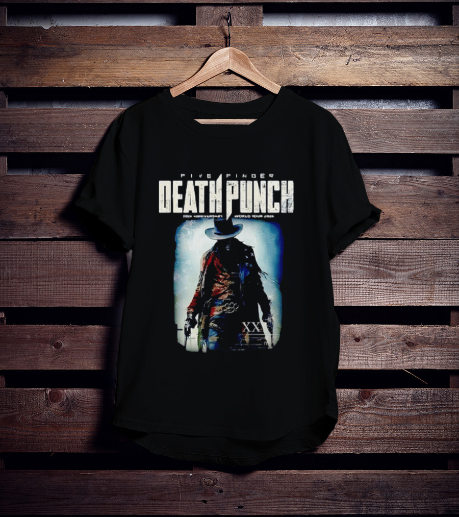 Five Finger Death Punch 20th Anniversary World Tour 2026 Cowboy Imagery With Knuckle Duster And Pistols T-Shirt