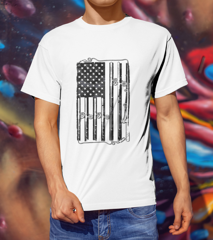 Distressed American Flag Fishing Rod Patriotic USA Angling Stars And Stripes T-Shirt