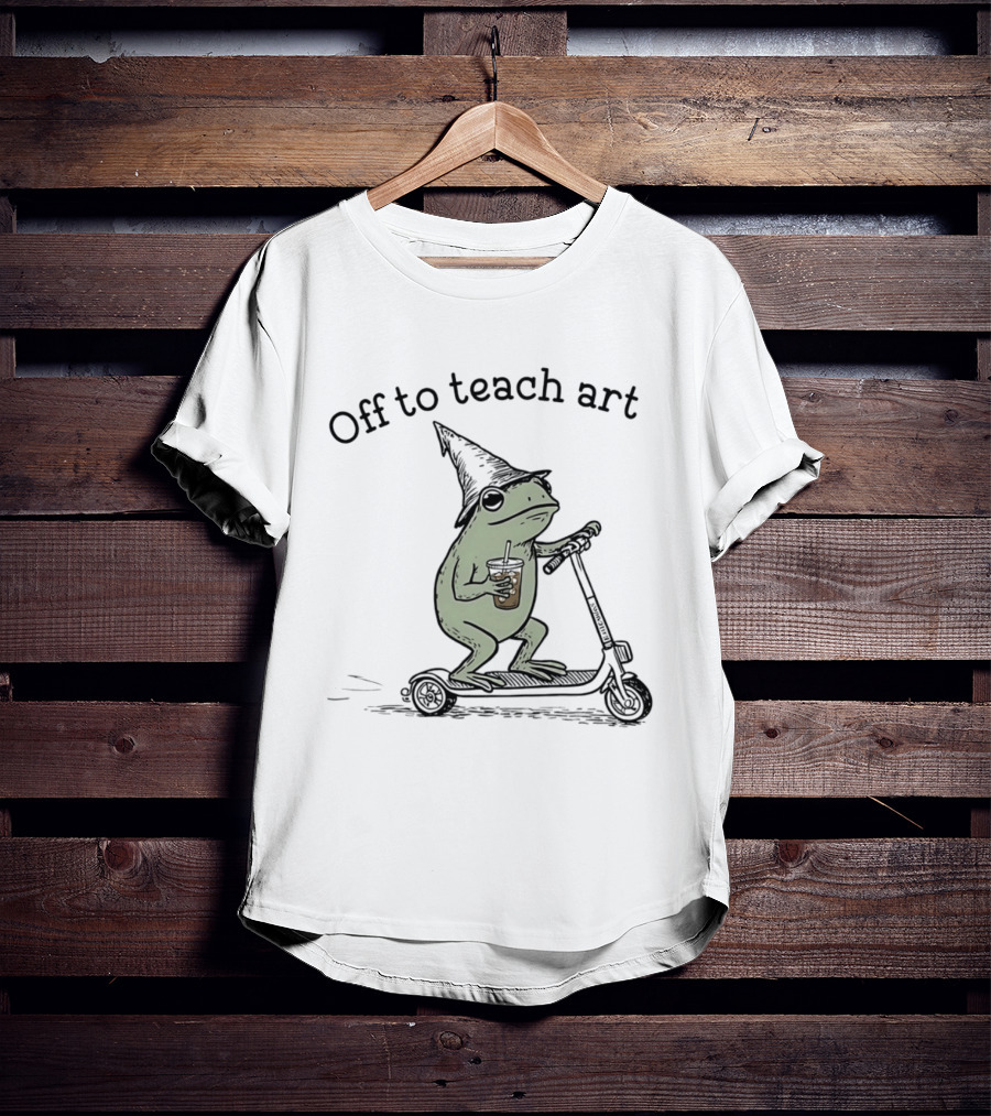 Frog Off To Teach Art With Iced Coffee On Scooter T-Shirt