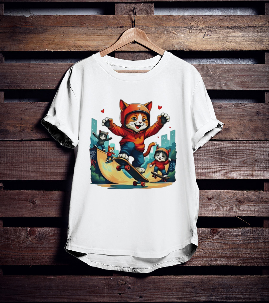 Skateboarding Cats In Helmets With Hearts And Cityscape T-Shirt