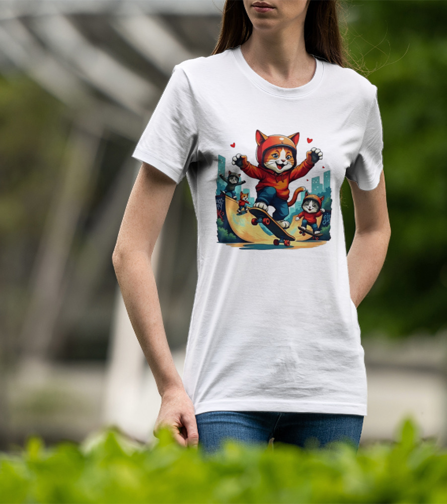 Skateboarding Cats In Helmets With Hearts And Cityscape T-Shirt