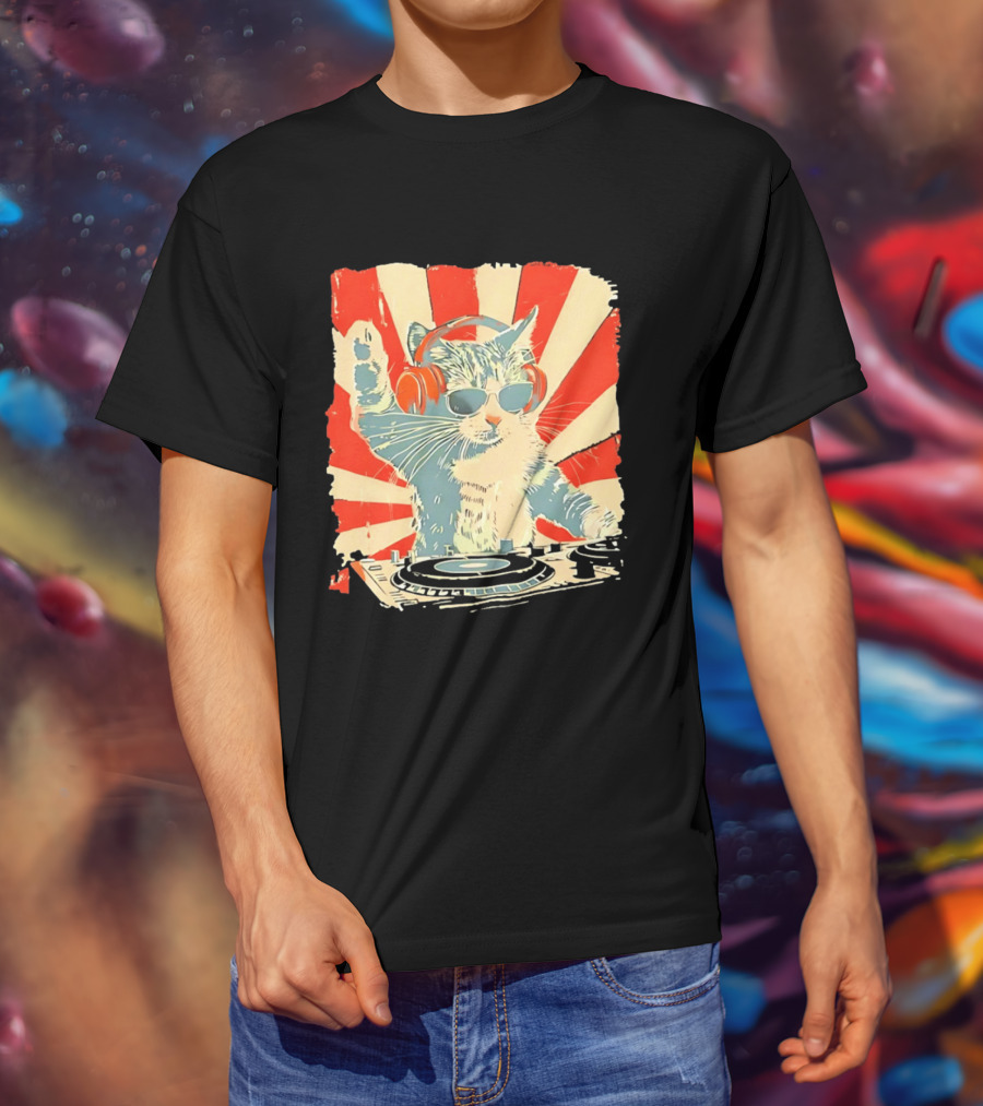 DJ Cat Headphones Sunglasses Retro Style Music Lover T-Shirt
