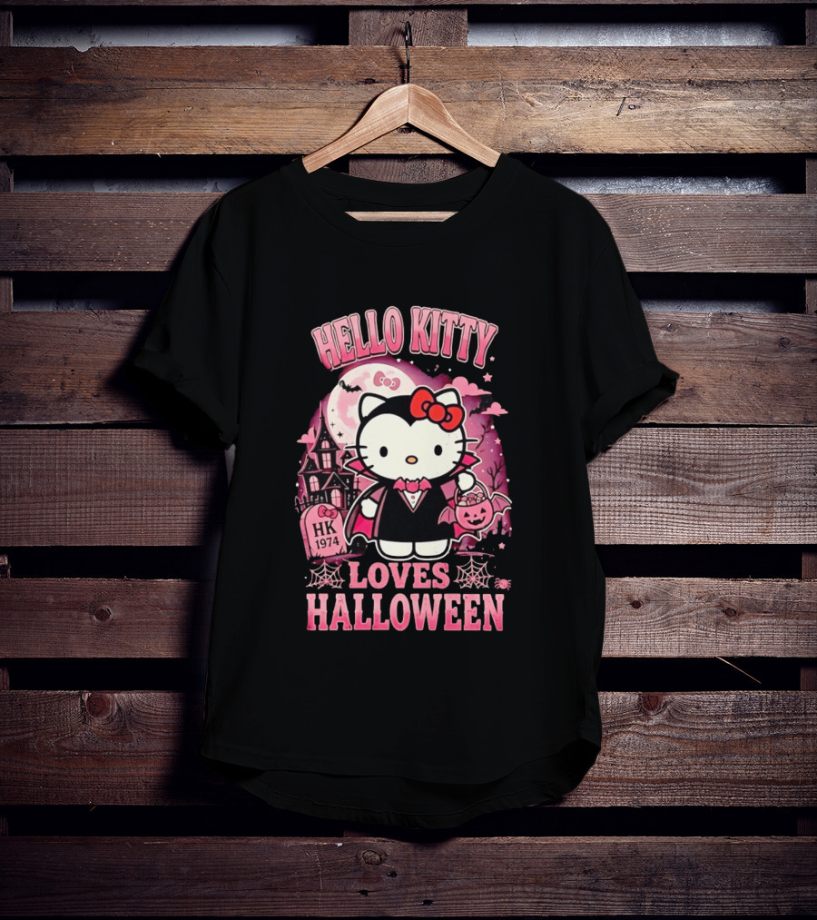 Hello Kitty Loves Halloween Vampire Costume Pink Bats And Haunted House T-Shirt