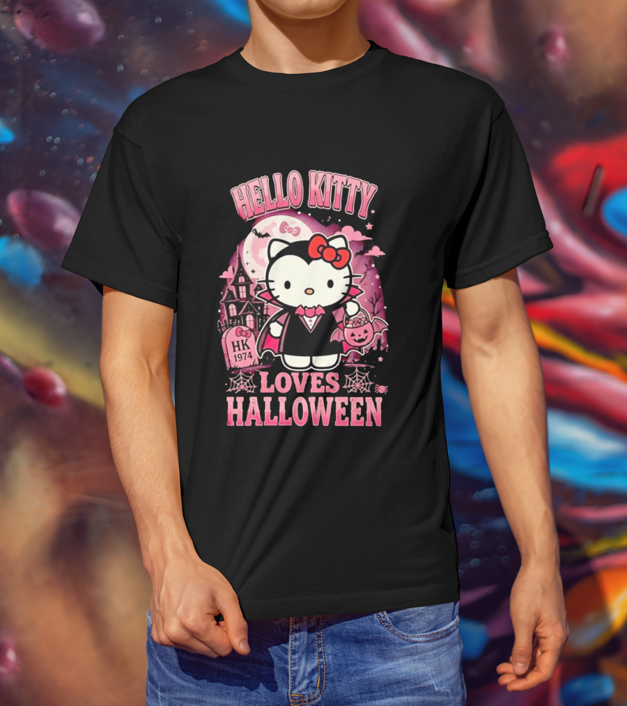Hello Kitty Loves Halloween Vampire Costume Pink Bats And Haunted House T-Shirt