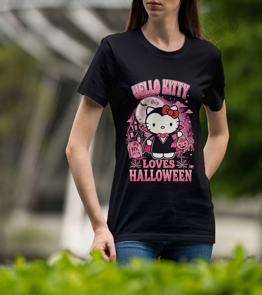 Hello Kitty Loves Halloween Vampire Costume Pink Bats And Haunted House T-Shirt