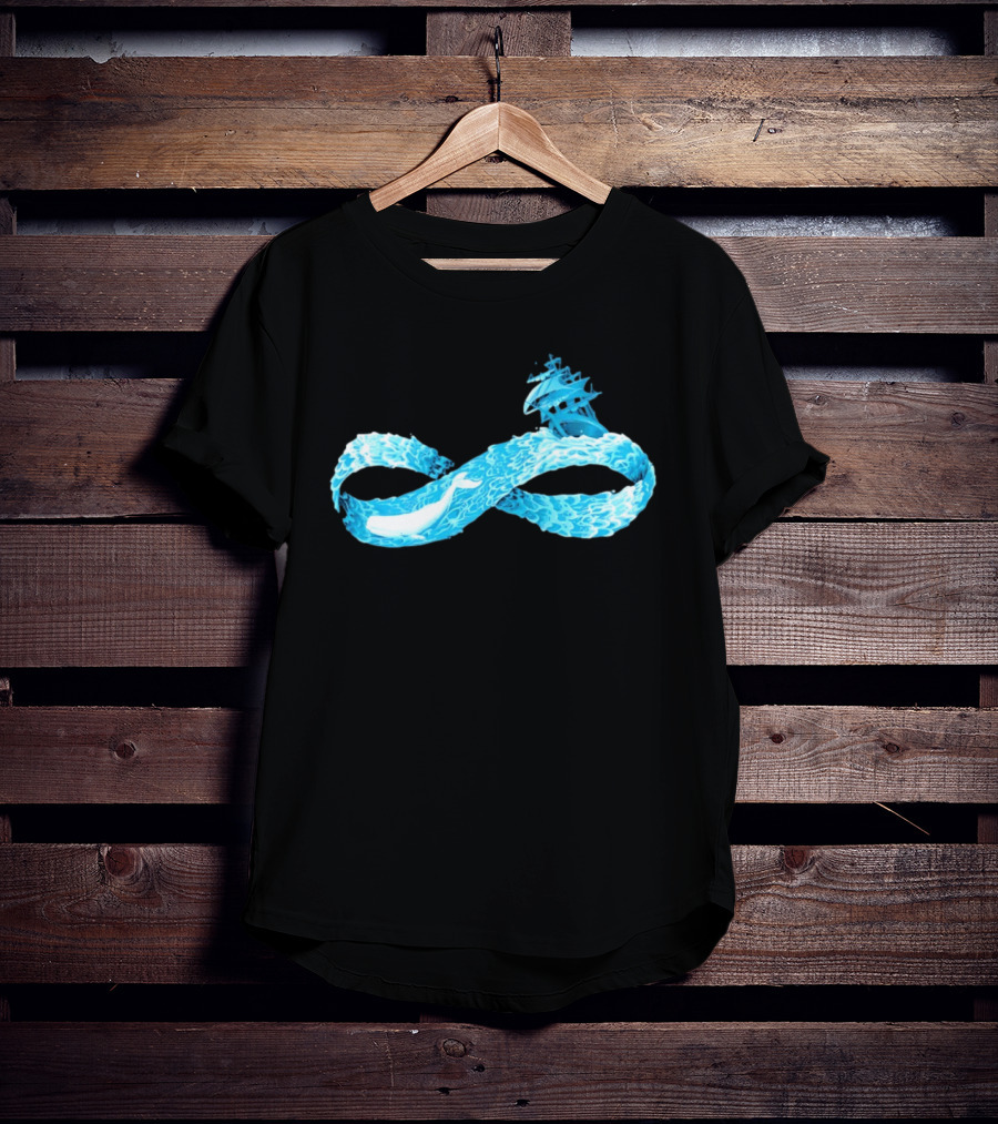 Infinity Symbol With Whale Swimming Beneath Sailing Ship Formed By Ocean Waves T-Shirt