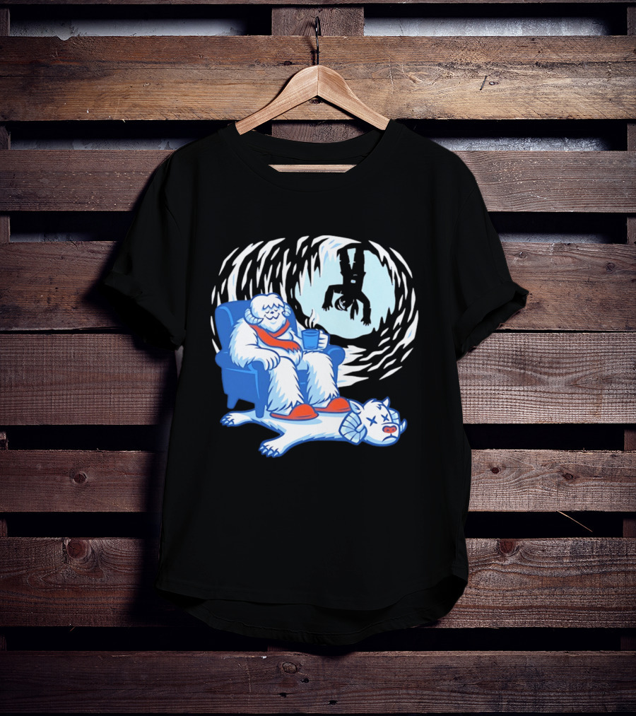 Yeti Relaxing In A Chair With Hot Drink And Abominable Snowman Rug T-Shirt