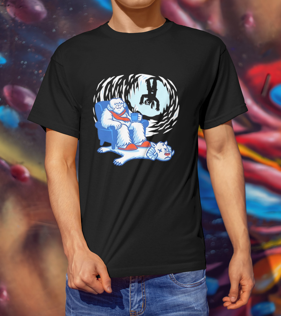 Yeti Relaxing In A Chair With Hot Drink And Abominable Snowman Rug T-Shirt