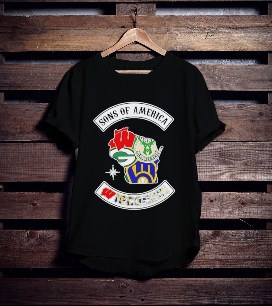 Sons Of America Wisconsin Map Milwaukee Brewers Green Bay Packers Badgers Bucks T-Shirt