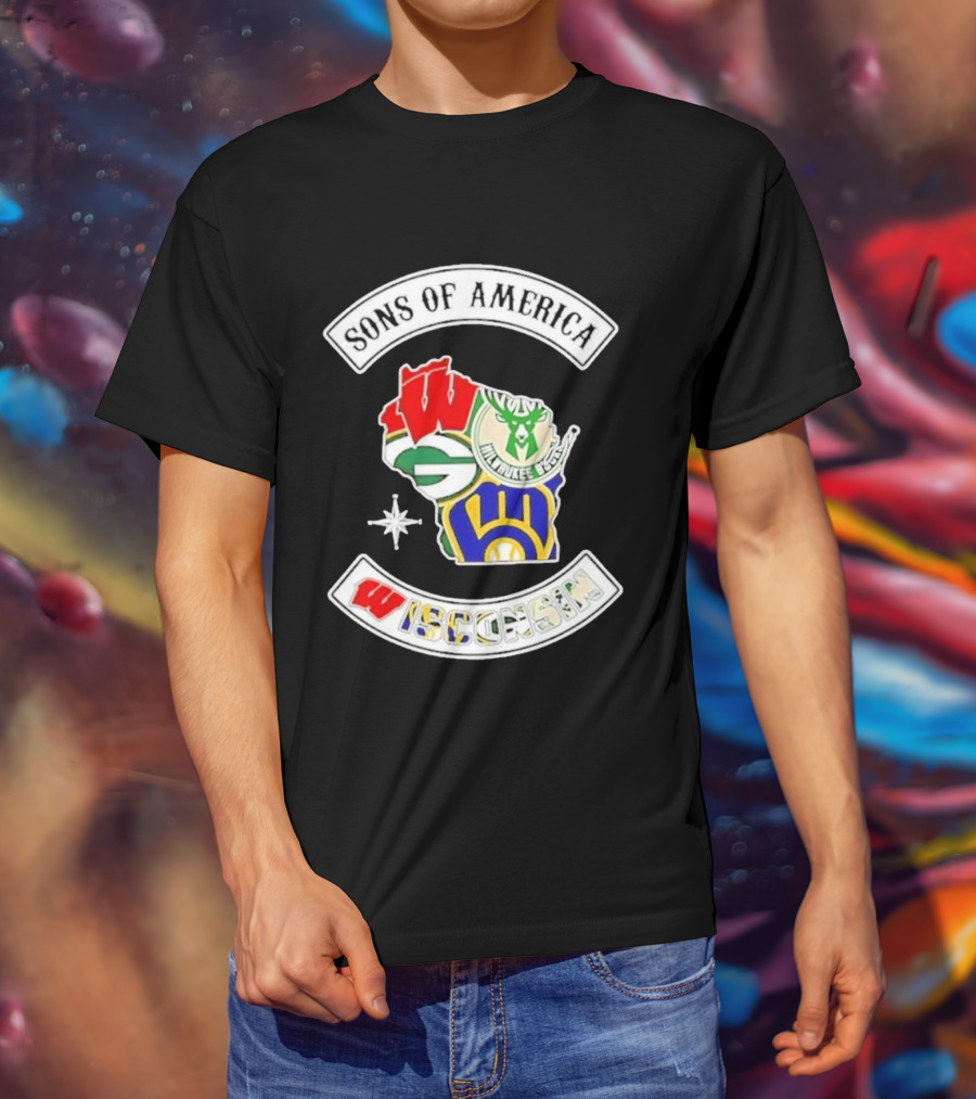 Sons Of America Wisconsin Map Milwaukee Brewers Green Bay Packers Badgers Bucks T-Shirt