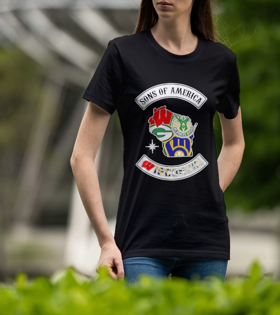 Sons Of America Wisconsin Map Milwaukee Brewers Green Bay Packers Badgers Bucks T-Shirt