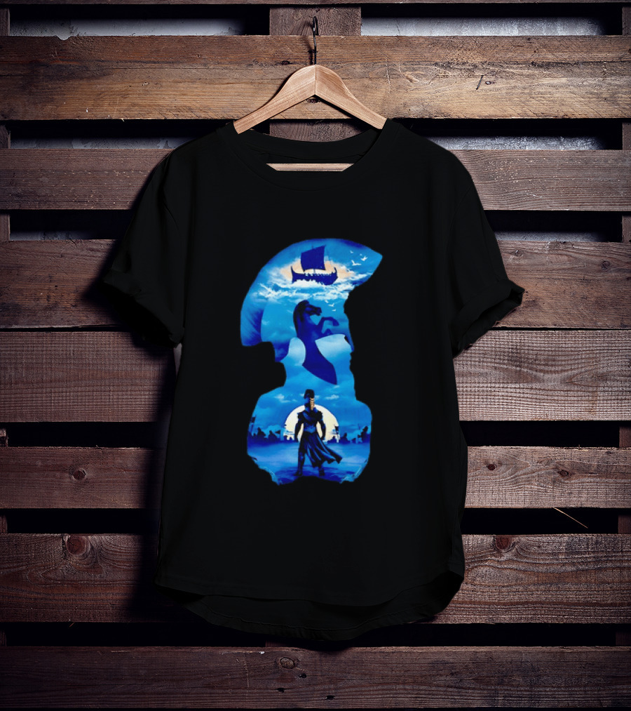Spartan Warrior With Trojan Horse And Ancient Ship In Mythical Blue Scene T-Shirt