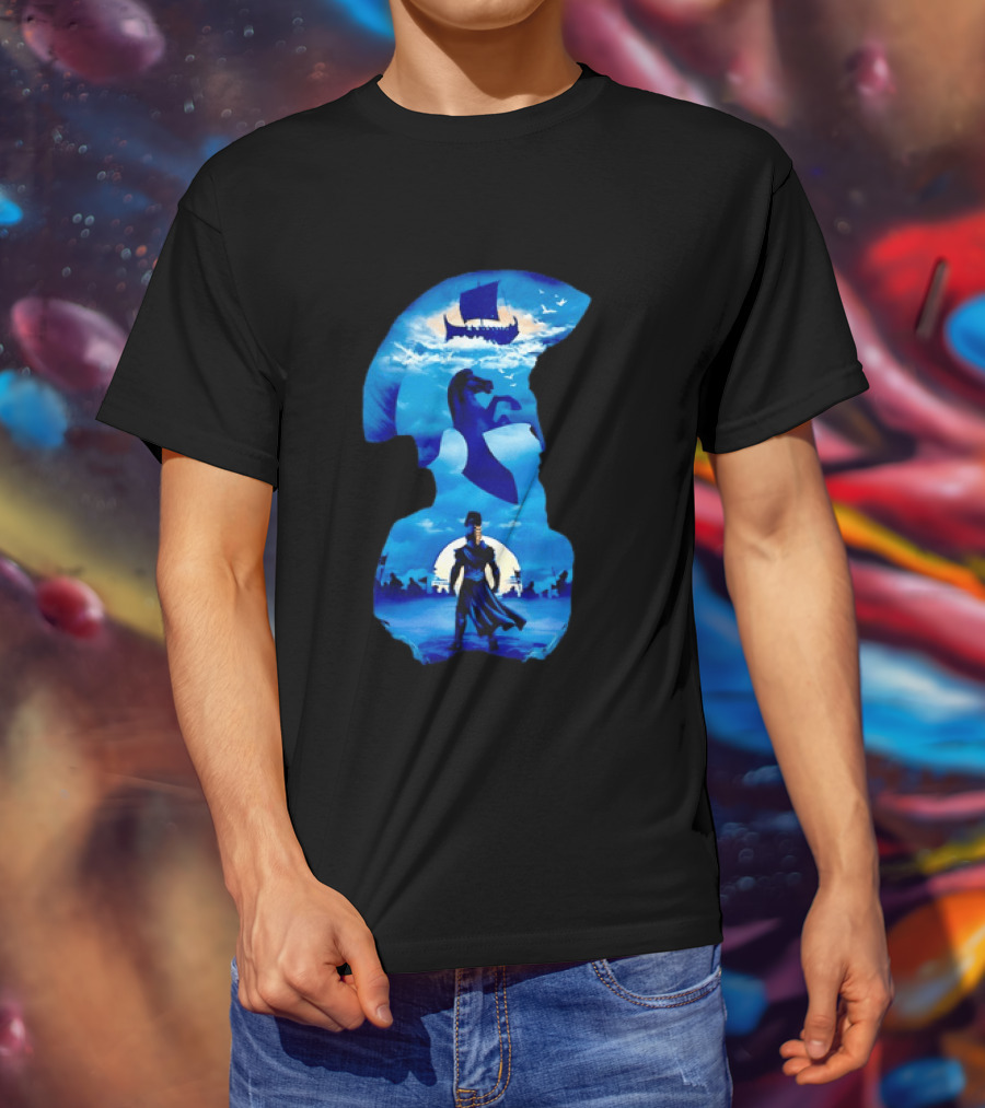 Spartan Warrior With Trojan Horse And Ancient Ship In Mythical Blue Scene T-Shirt