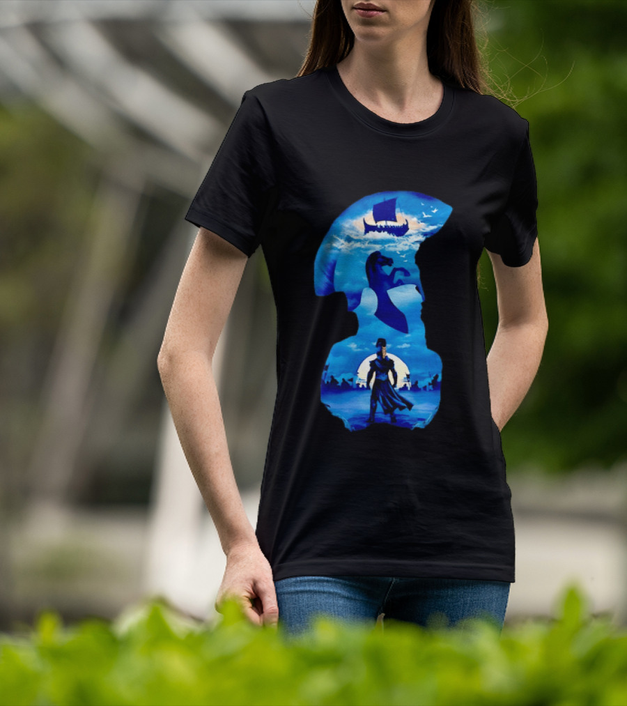 Spartan Warrior With Trojan Horse And Ancient Ship In Mythical Blue Scene T-Shirt