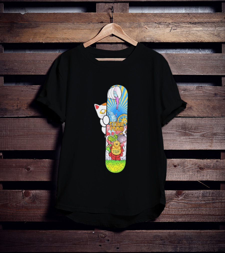 Stinc Team TGF Buddha Cat With Skateboard And Dripping Paint Aesthetic T-Shirt