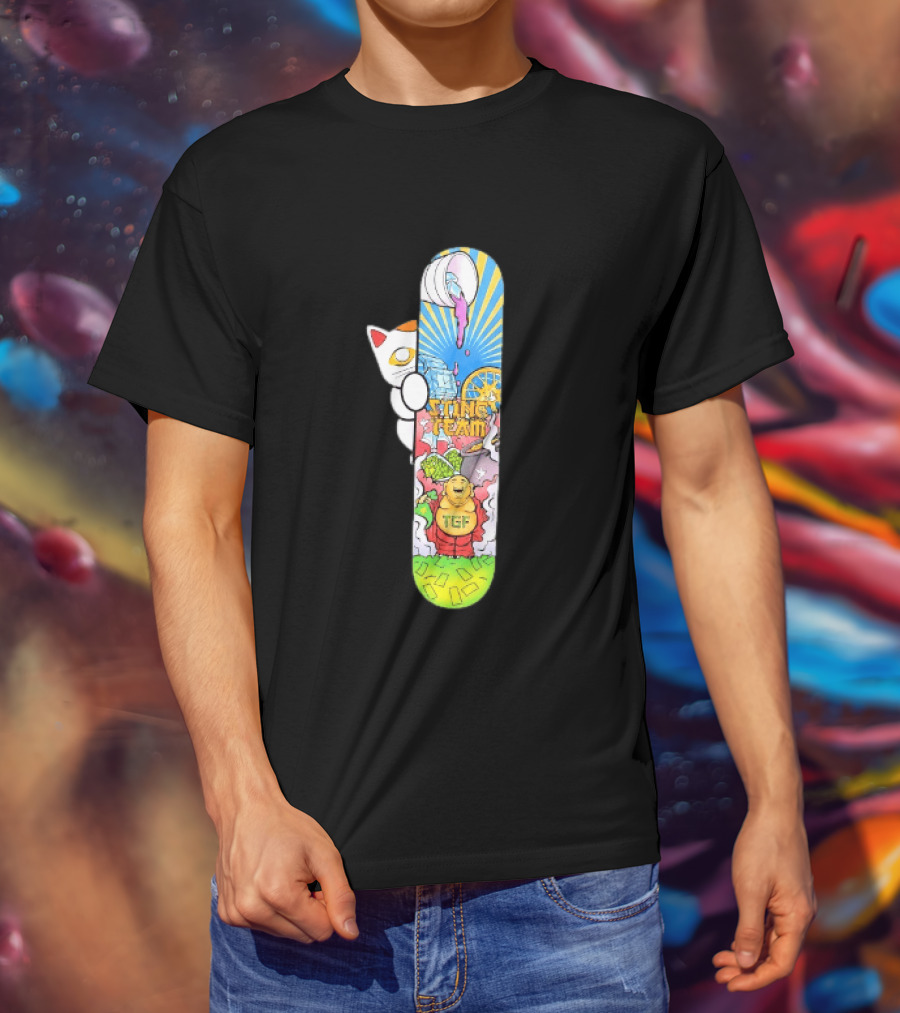 Stinc Team TGF Buddha Cat With Skateboard And Dripping Paint Aesthetic T-Shirt