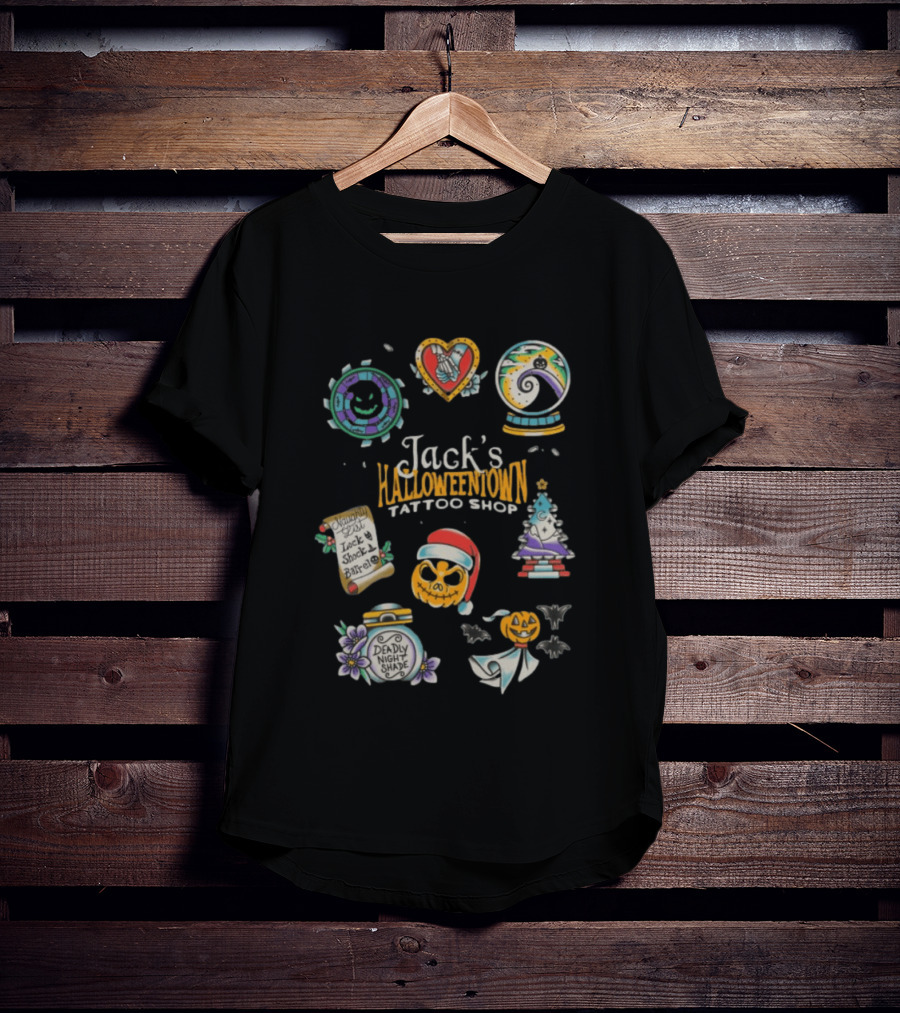 Jack's Halloweentown Tattoo Shop Oogie Boogie Santa Skull Lock Shock Barrel T-Shirt