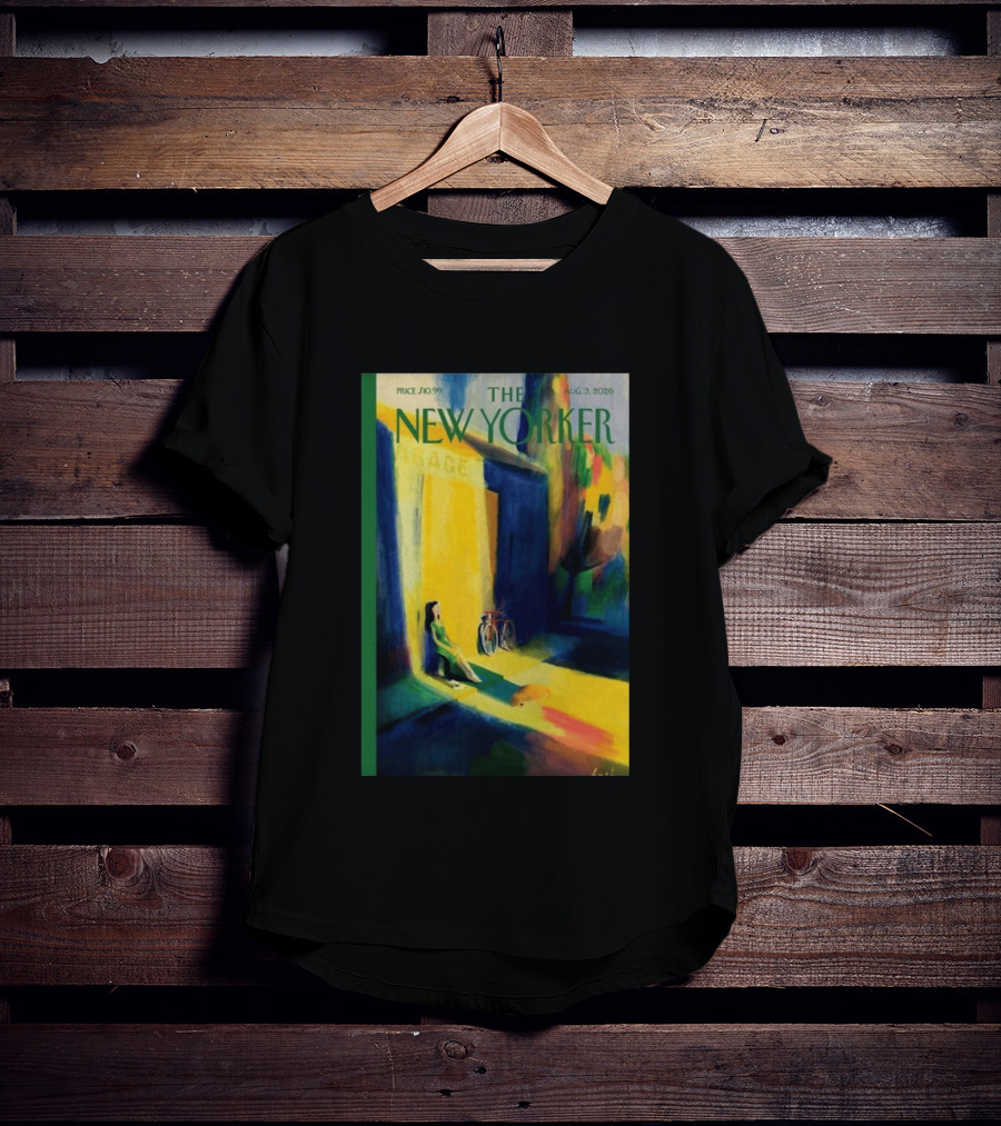 The New Yorker August 3 2026 Pierre Emmanuel Lyet Cover Art Female Figure With Bicycle In Vibrant Alley Scene T-Shirt