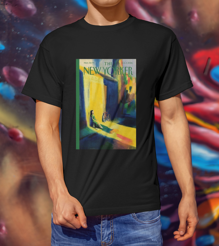 The New Yorker August 3 2026 Pierre Emmanuel Lyet Cover Art Female Figure With Bicycle In Vibrant Alley Scene T-Shirt