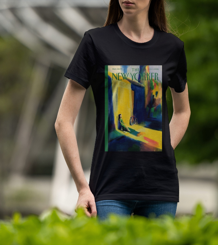 The New Yorker August 3 2026 Pierre Emmanuel Lyet Cover Art Female Figure With Bicycle In Vibrant Alley Scene T-Shirt