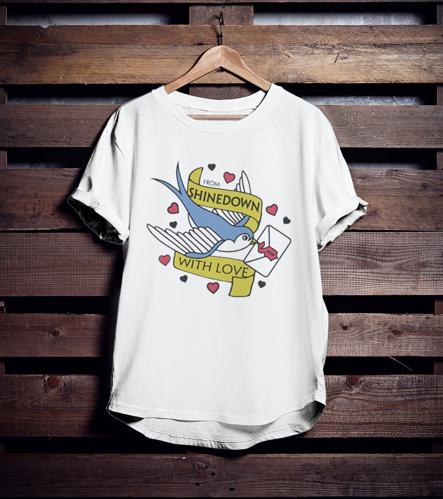 From Shinedown With Love Swallow Bird Carrying Letter Hearts Rock Music T-Shirt