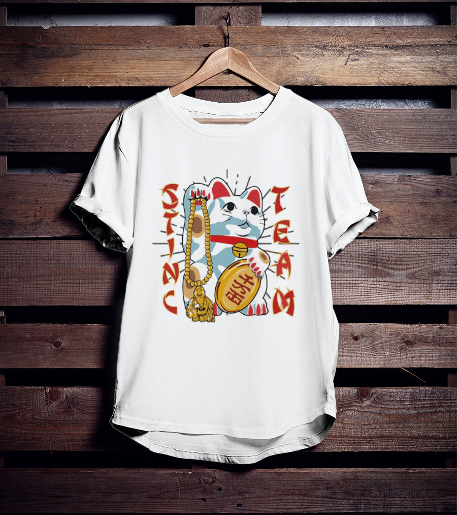 Stinc Team TGF Maneki Neko Lucky Cat With Buddha Figurine T-Shirt