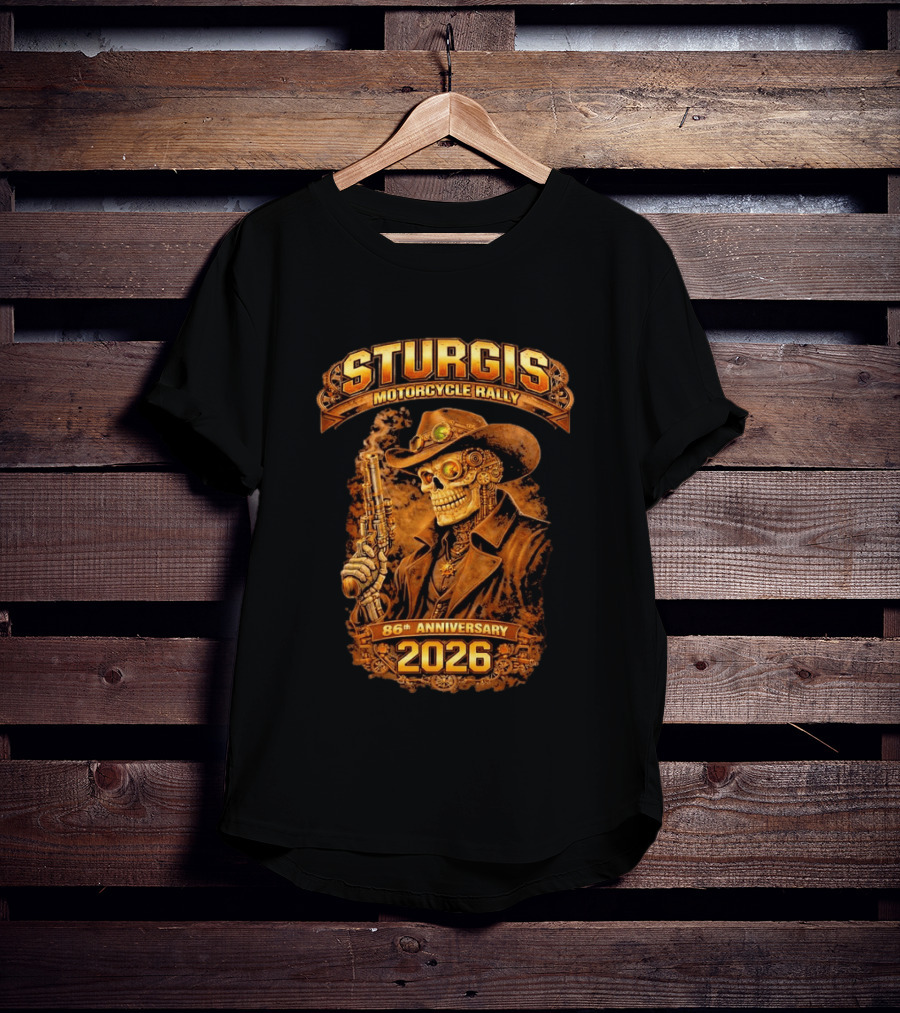 Sturgis Motorcycle Rally 2026 86th Anniversary Steampunk Cowboy Skull T-Shirt