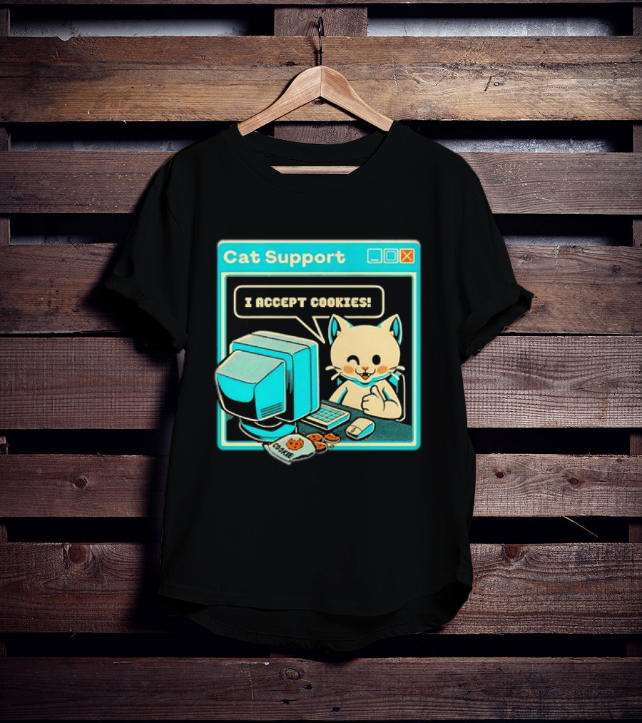 Cat Support I Accept Cookies Computer Cartoon Comic T-Shirt