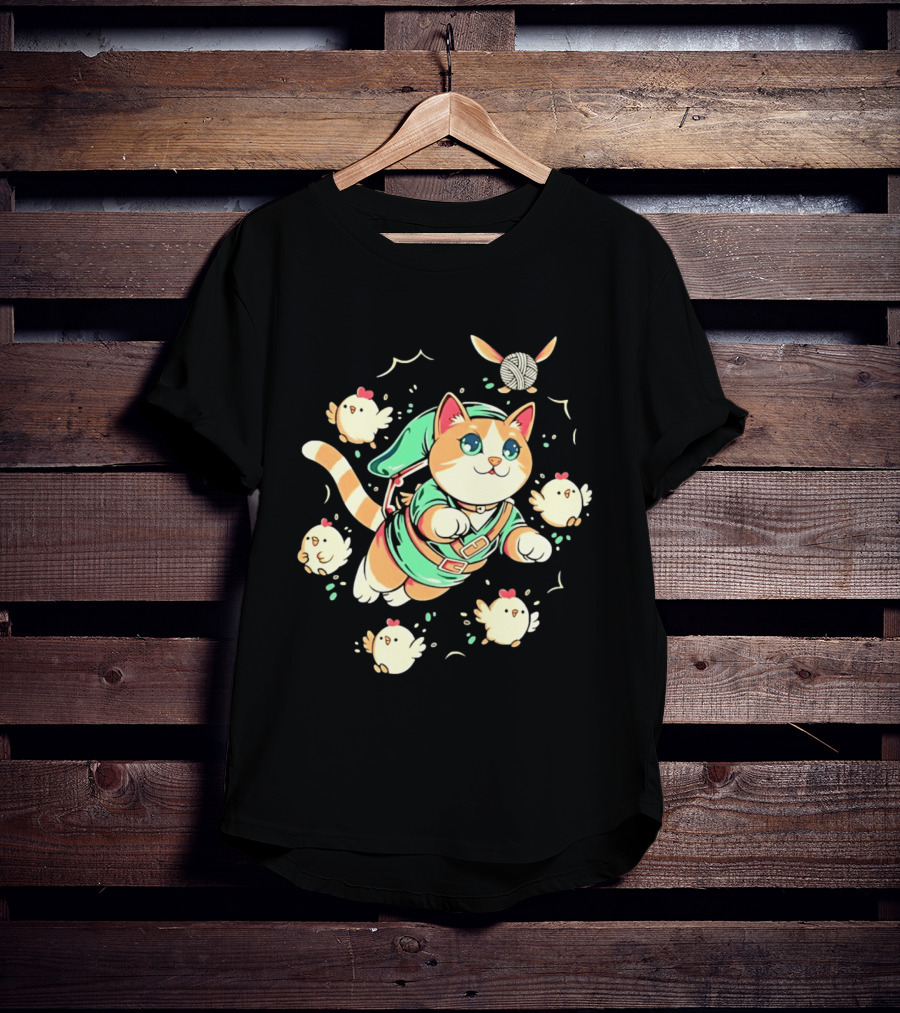 Fantasy Adventurer Cat In Green Tunic With Chickens And Yarn Ball T-Shirt