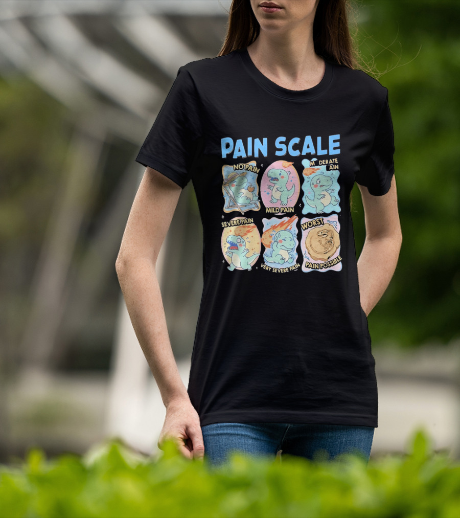 Pain Scale Cartoon Dinosaur Chart No Pain To Worst Pain Possible T-Shirt