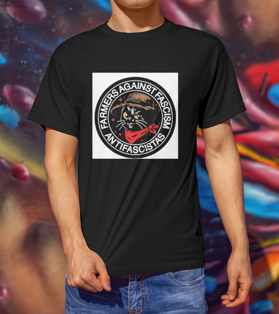 Farmers Against Fascism Antifascistas Cat Straw Hat Red Bandana T-Shirt